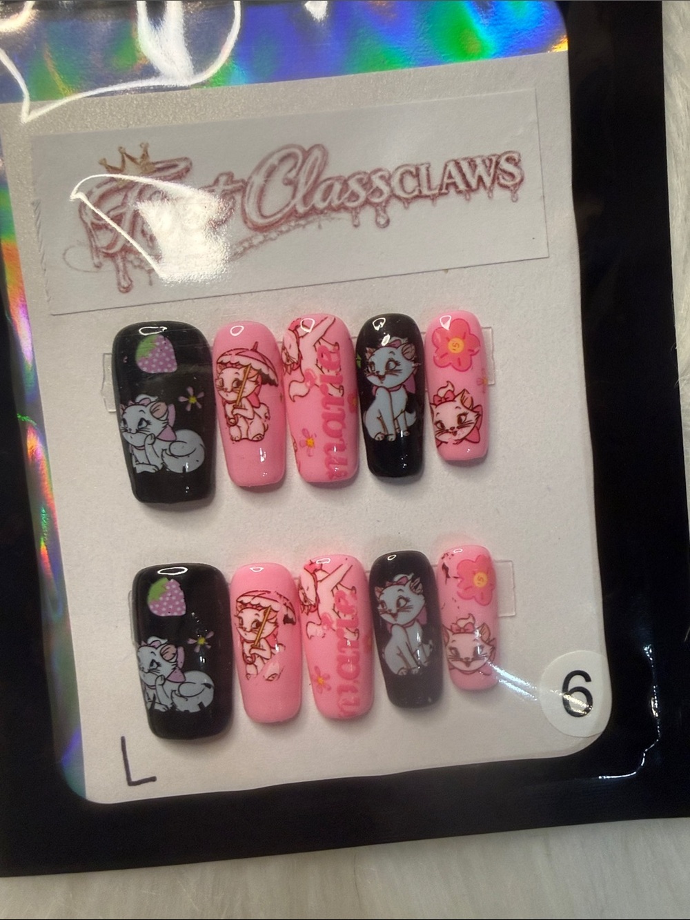First Class Claws Pink & Black Cartoon Marie Aristocats Press-On Nail Set